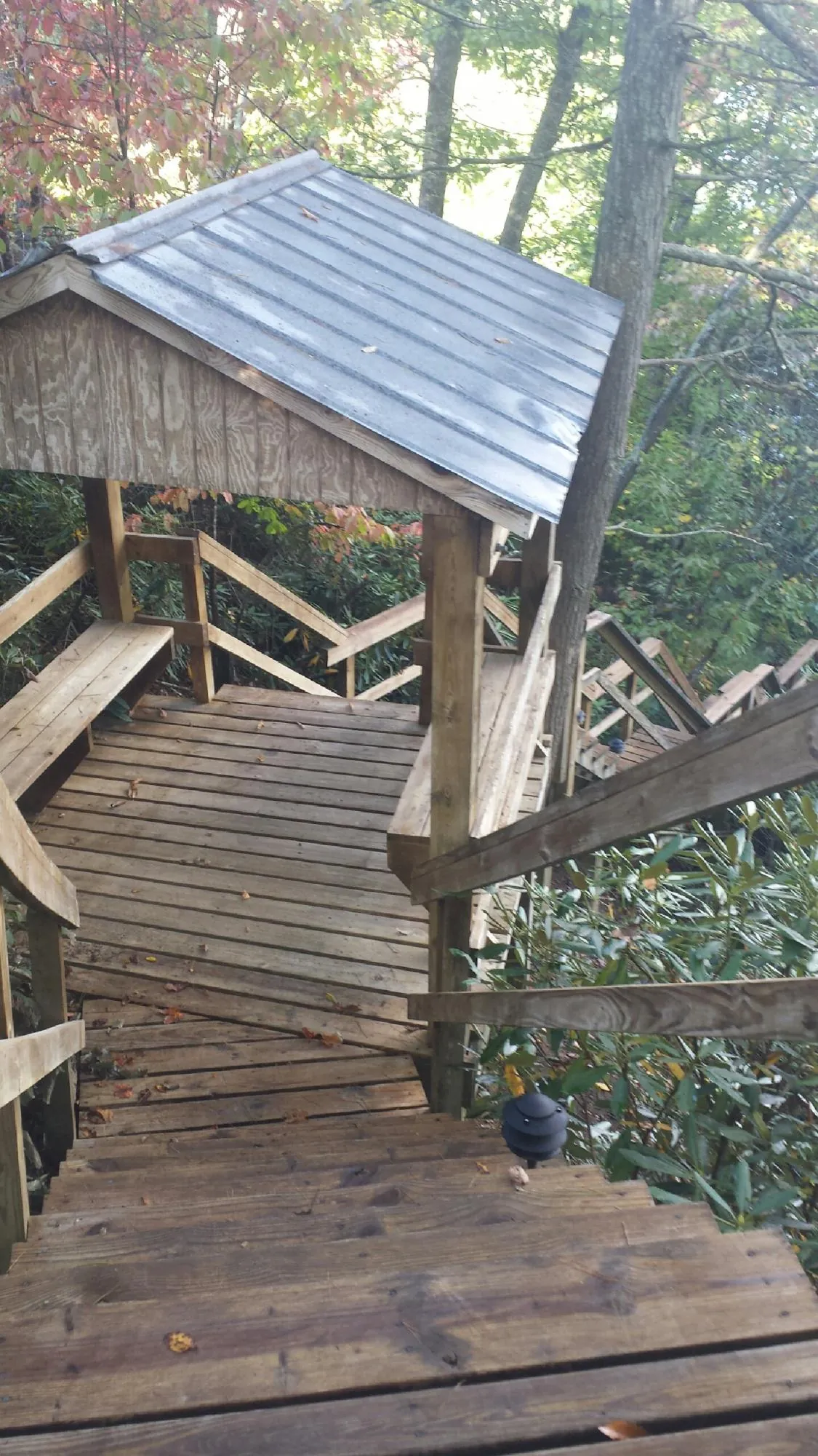 Metal roofed shelter over wooden steps on a wooded walkway — Skylight Repair & Installation work by our crew in Blockton